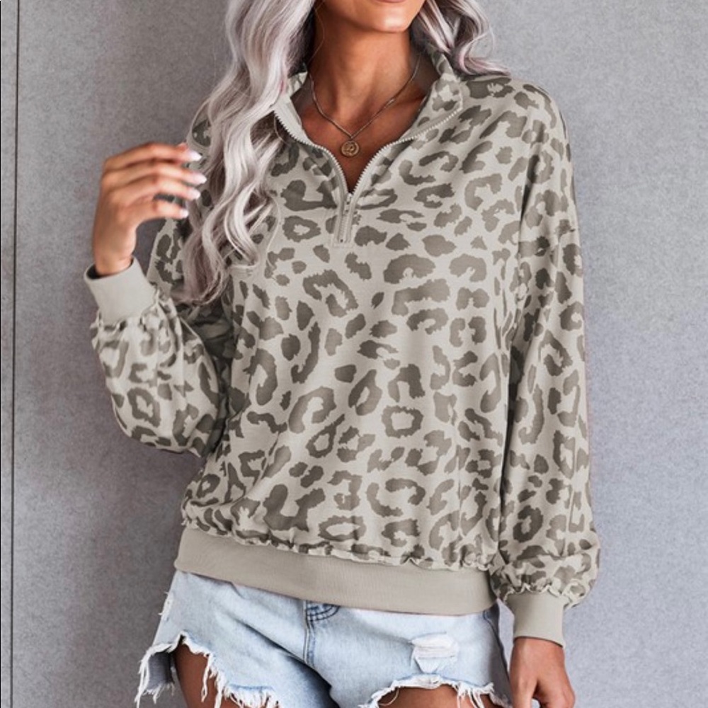 Gray leopard zip collar sweatshirt